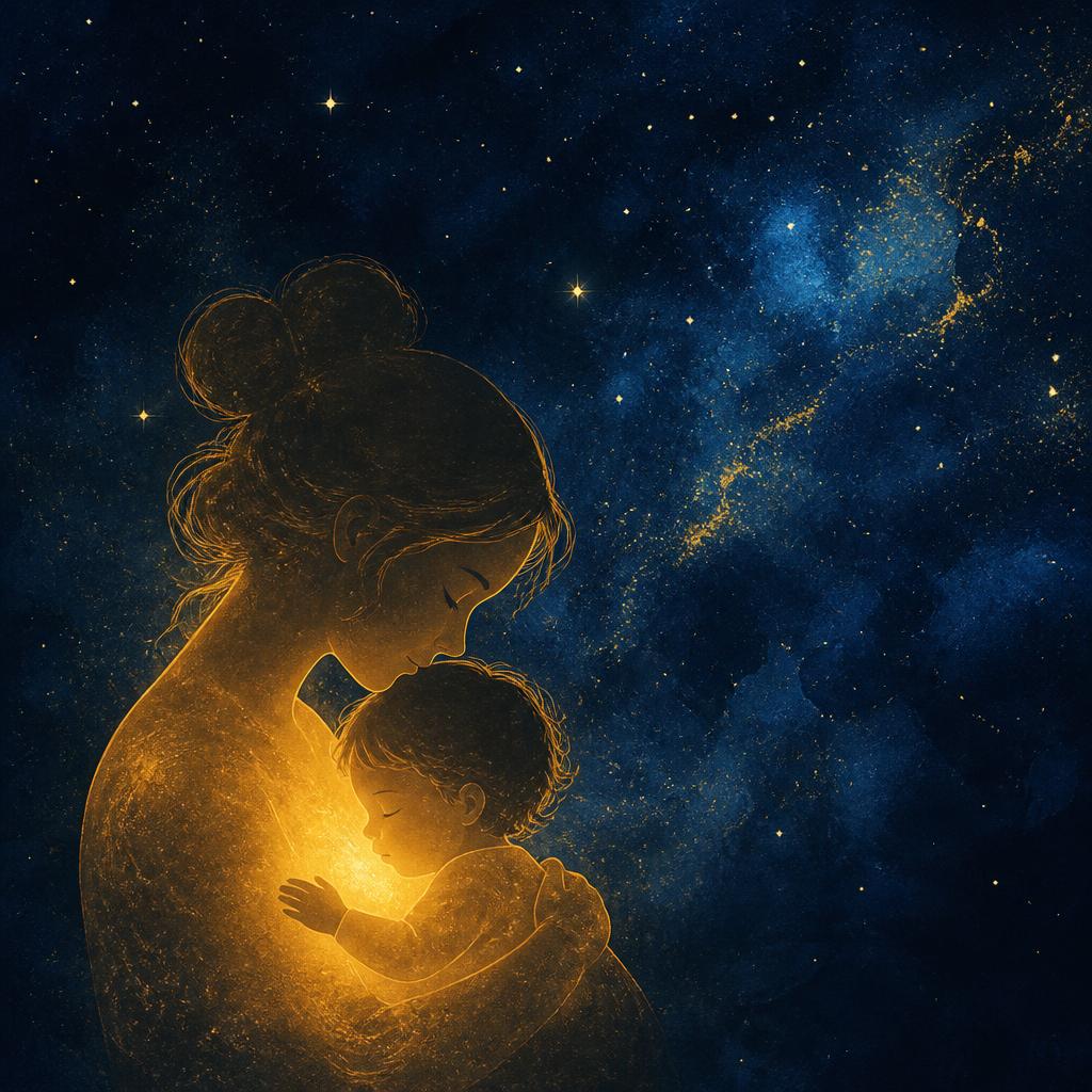 Ilustrasi ibu memeluk anak dengan cahaya hangat di bawah langit berbintang